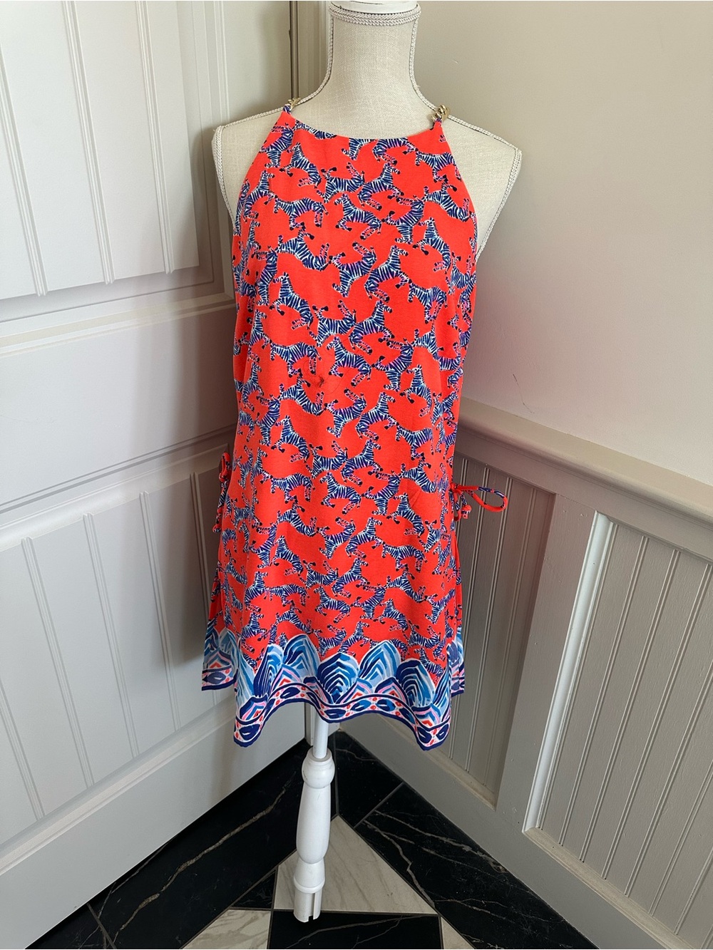 Lilly Pulitzer Zebra Romper, Sz 8, orange/blue/black/wht, Brass Chain Straps